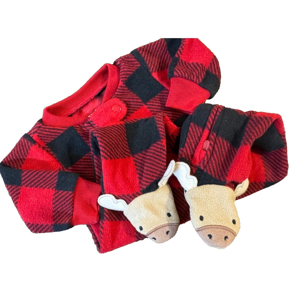 Carters Preemie Sleeper Footie Outfit Romper Buffalo Plaid Moose Fleece Boy Zip